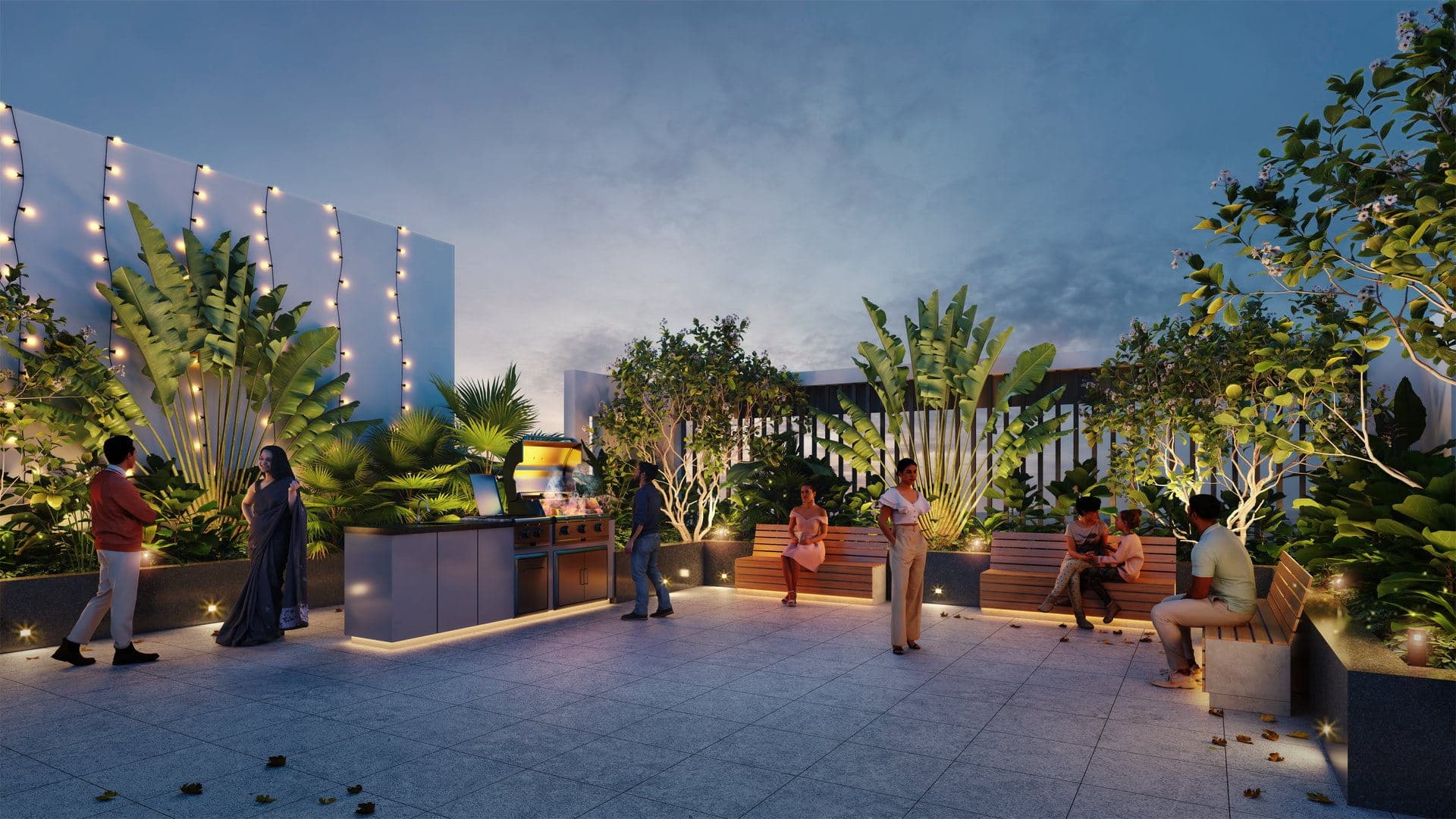 Barbecue counter and party court on the roof