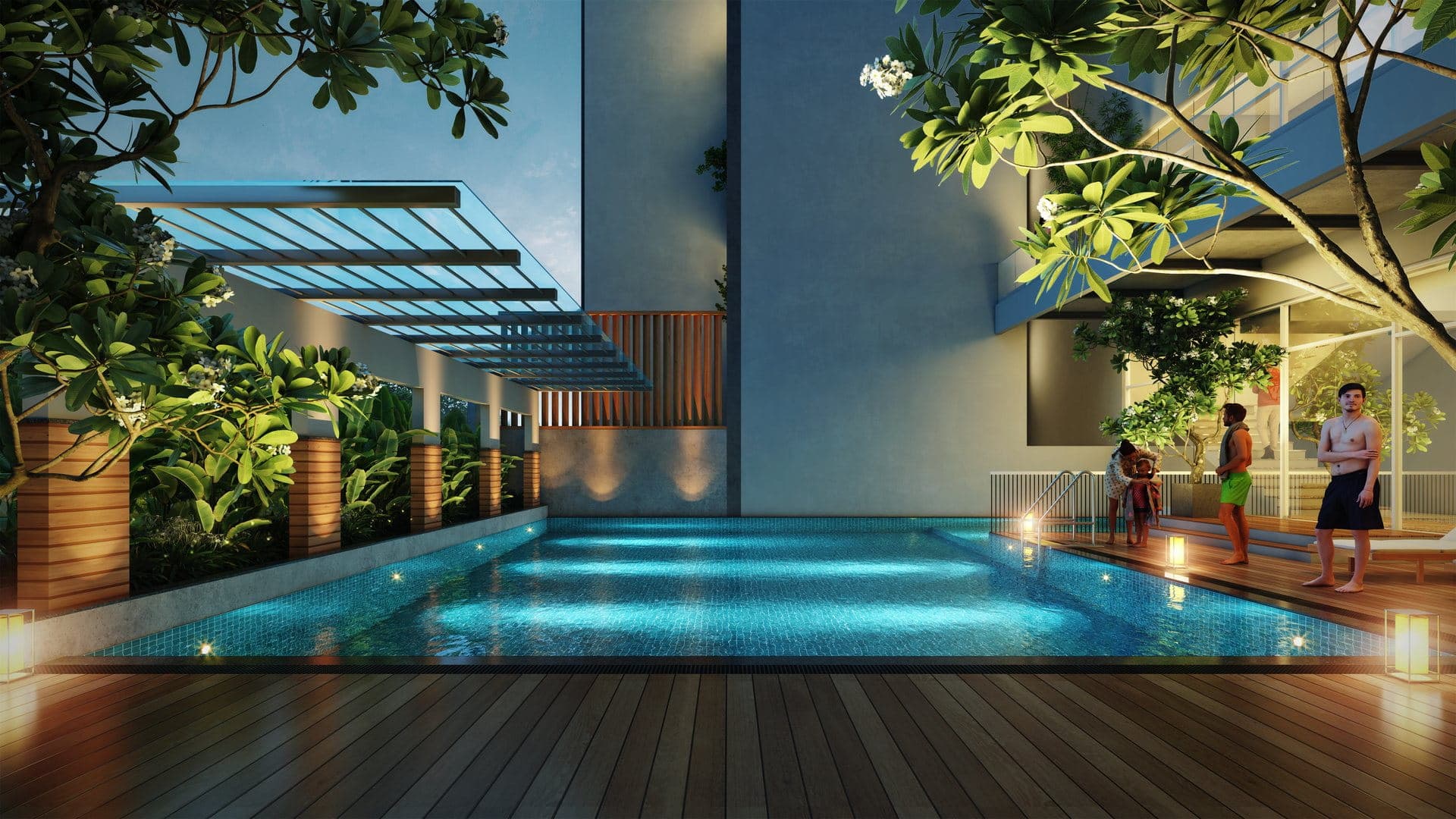 The pool and pool deck between the two wings
