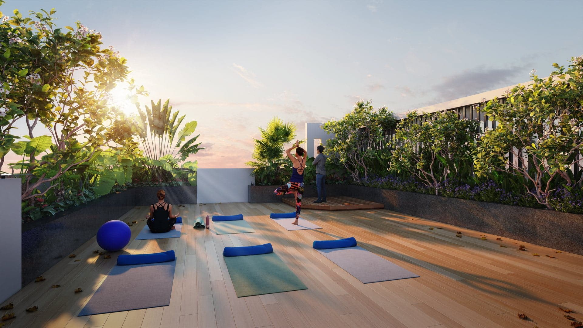 Yoga court among planting on the terrace